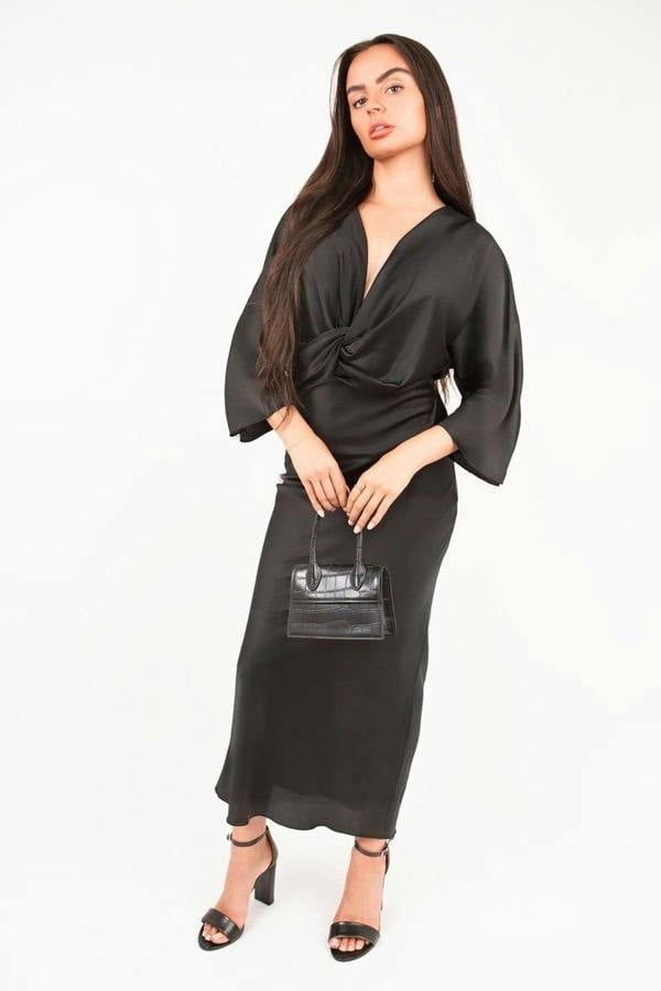 Kylie V-neck Twist Front Midi Dress - Black