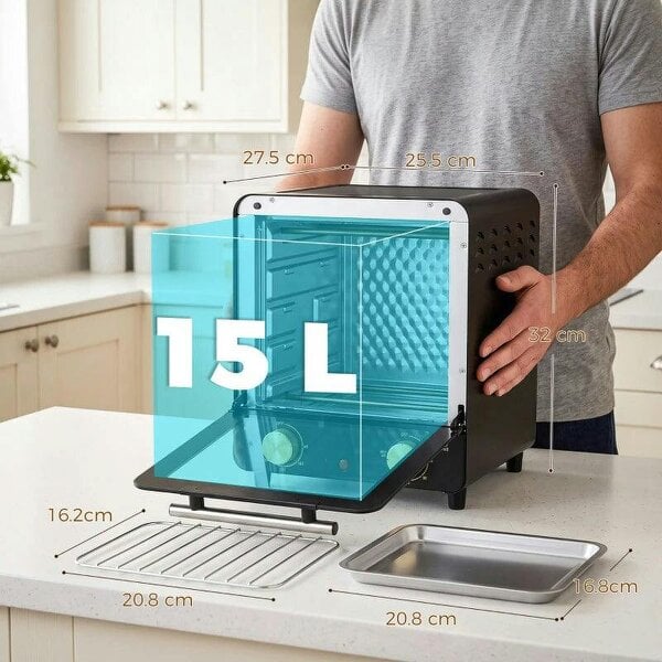 Mini Oven, 15 L Electric Oven and Grill w/ 60-230℃ Adjustable Temperature, 60 Minute Timer, Includes Baking Tray, Black