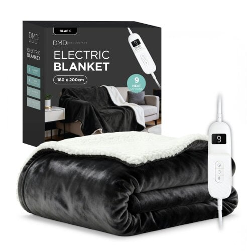 DMD Collective Heated Electric Blanket - Sherpa Fleece, Auto-Off, 9 Heat Levels - 180cm x 200cm - Black