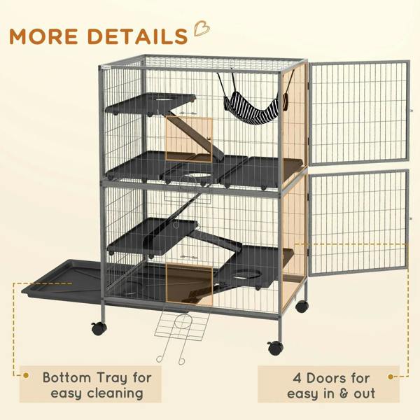 Grey wire small animal cage with hammock, platforms, bottom tray, and multiple doors.
