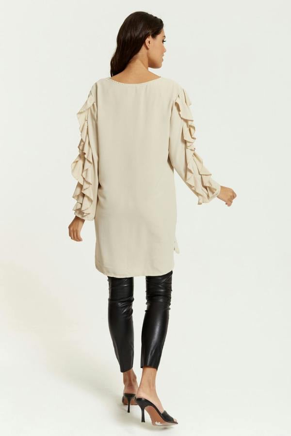 Hoxton Gal Relaxed Fit Ruffle Sleeve Relaxed Fit Tunic in Beige
