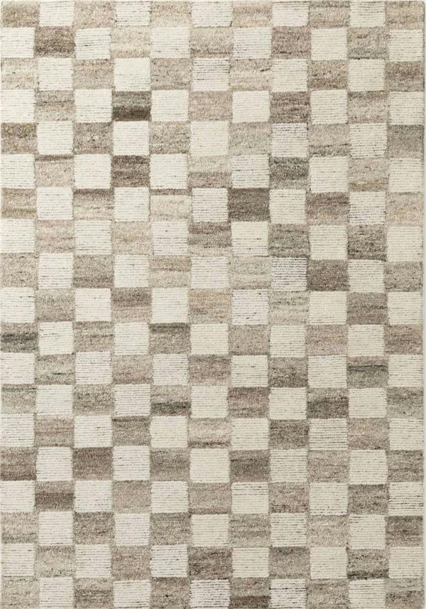 Checkered pattern rug with beige and brown squares