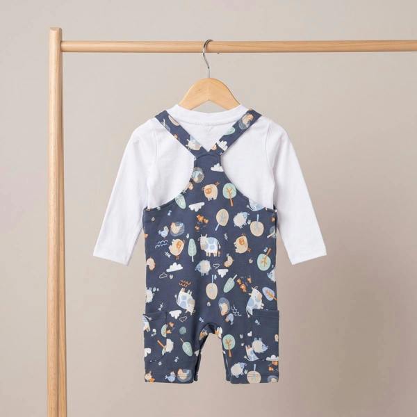 Mini Cuddles Baby Boys farm theme Dungaree Set, White & Blue