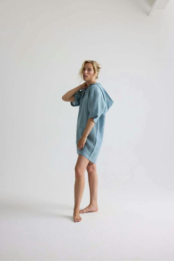 Pretty You London Relaxed Linen Hooded Tunic In Blue Haze