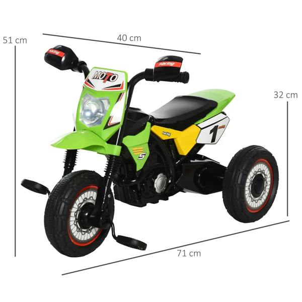 Green and yellow kids ride-on motorcycle trike with handlebar, headlight, and front wheel (dimensions shown).