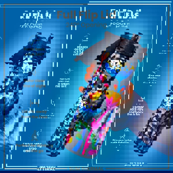 A colorful, floral-patterned water bottle is being held. Its flip lid opens 240 degrees. The bottle is advertised as “Slim Thermal”, perfect for on-the-go drinking.