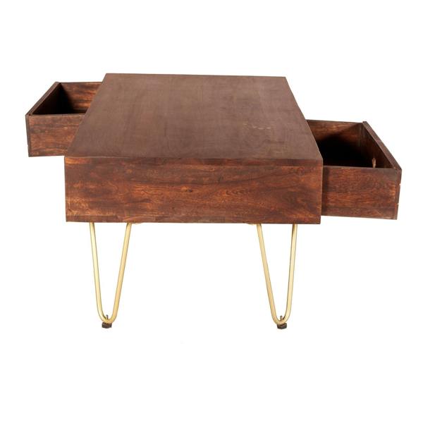 Wyld Haus Bandung Dark Mango Wood and Gold Rectangular Coffee Table 1 Drawer 1 Open Shelf