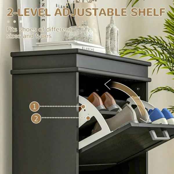Black shoe cabinet with open flip drawer showing neatly arranged shoes and adjustable shelf