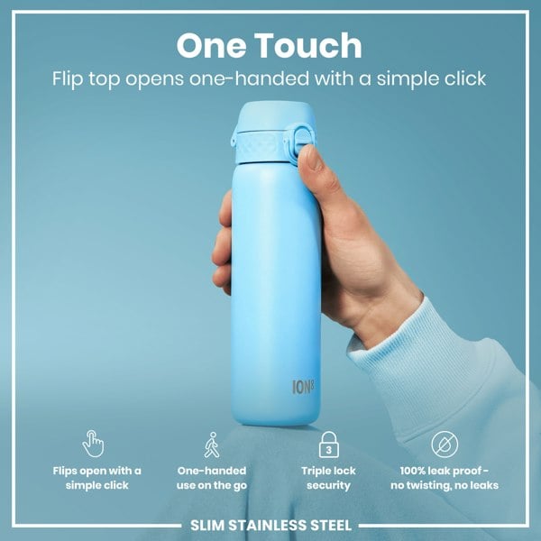 A light-blue water bottle is held; its flip top opens with a single click. The context is a product advertisement highlighting its one-handed use, triple lock security, and leak-proof design. "One Touch," "Flip top opens one-handed with a simple click," "SLIM STAINLESS STEEL".