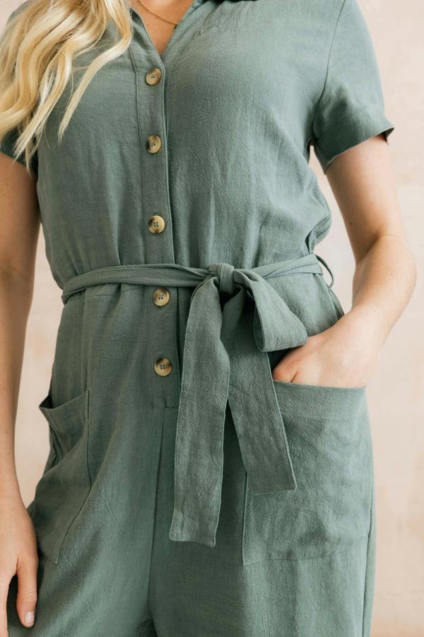 Lily & Me Josie Linen Blend Cropped Jumpsuit Laurel Green
