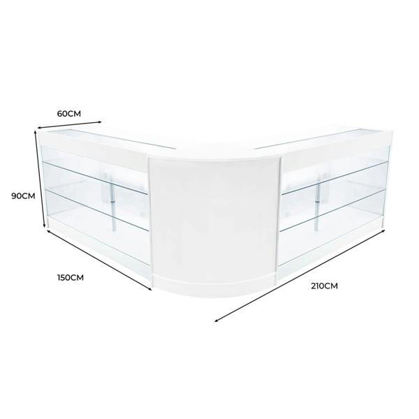 White Helios LED shop counter set with curved design, featuring glass display shelves, measuring 60cm high and 210cm wide