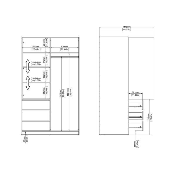 Wyld Haus Budapest Natural Oak Effect Wood Wardrobe 2 Doors 3 Drawers