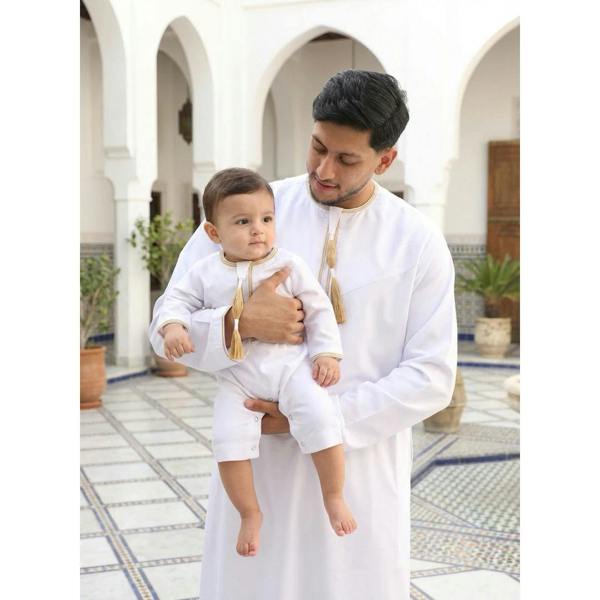 TT-003 - Baby Toddler Emirati Omani Gold Tassel Romper Thobe - White - Thobez - 5