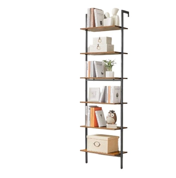 Modcraft 6-Tier Industrial Ladder Shelf, Rustic Brown & Black Tall Bookshelf for Home or Office