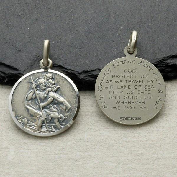 Christopher James of London Antique Finish Sterling Silver 24mm St Christopher Pendant With Travellers Prayer, Engraving and Optional Chain