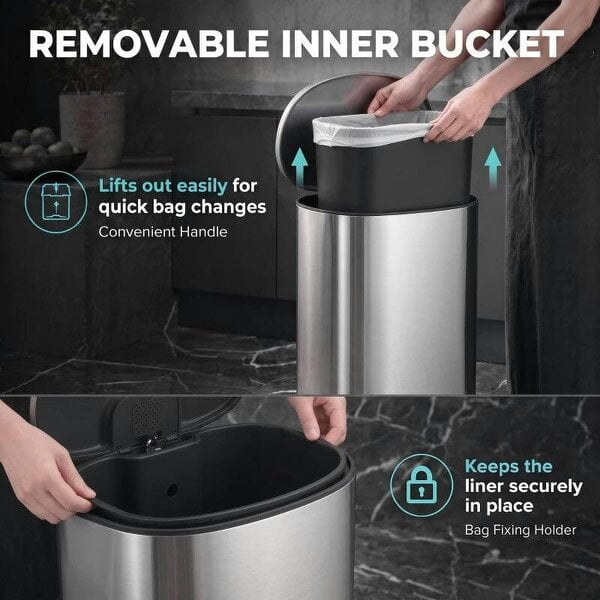 50L Kitchen Pedal Bin, Rubbish Bin with Soft-Close and Stay-Open Lid, Removable Inner Bucket, Silver Tone