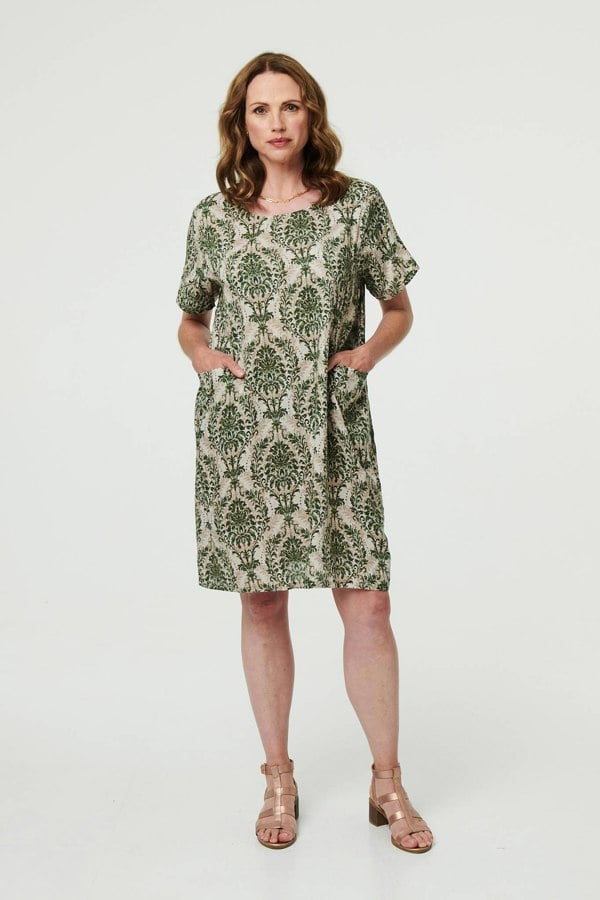 Green | Baroque Print Relaxed Short Shift Dress
