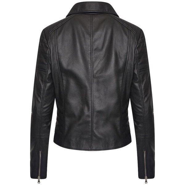 Real Leather Women’s Asymmetric Biker Jacket with Shoulder and Waist Detailing. This image focuses on the back of the jacket.