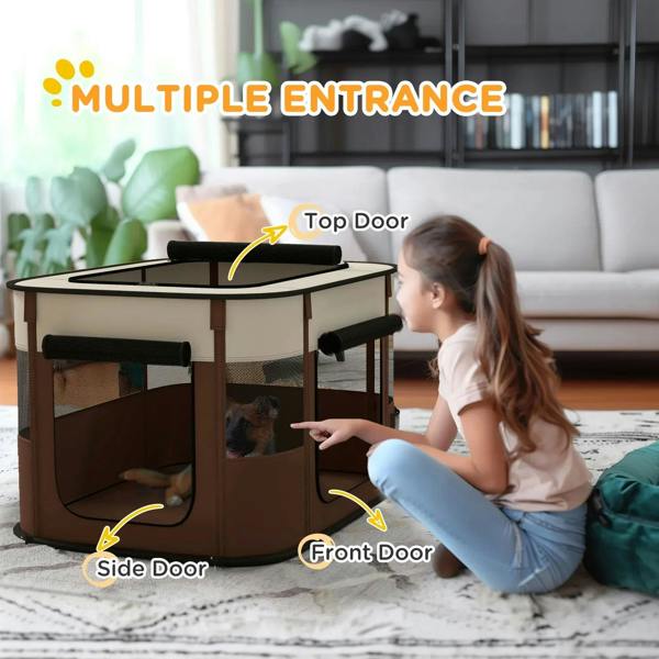 Brown pet playpen with top door and front/side door panels in mesh and fabric