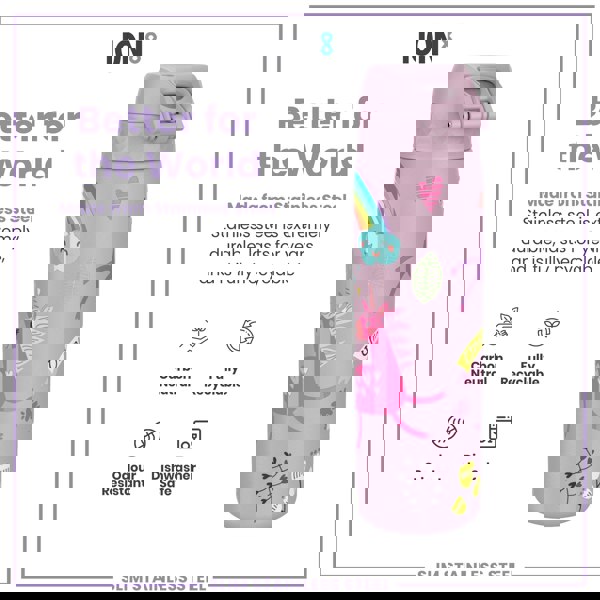 A lavender stainless steel water bottle, decorated with unicorns and rainbows, sits on a white background. "Better for the World," "Made from Stainless Steel," "Stainless steel is extremely durable, lasts for years, and is fully recyclable," "Carbon Neutral," "Fully Recyclable," "Odour Resistant," "Dishwasher Safe," and "SLIM STAINLESS STEEL" are also shown.