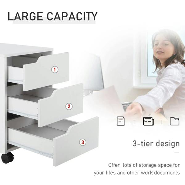 White 3-drawer file cabinet with multiple drawers pulled out for storage access