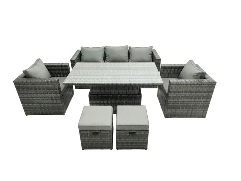 Fimous Rattan Garden Furniture Set Rising Adjustable Lifting Dining Table Lounge Sofa Set With Foostools Dark Grey Mixed