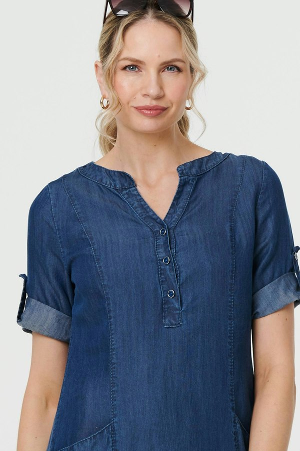 Blue | Denim Relaxed Button-Front Short Dress
