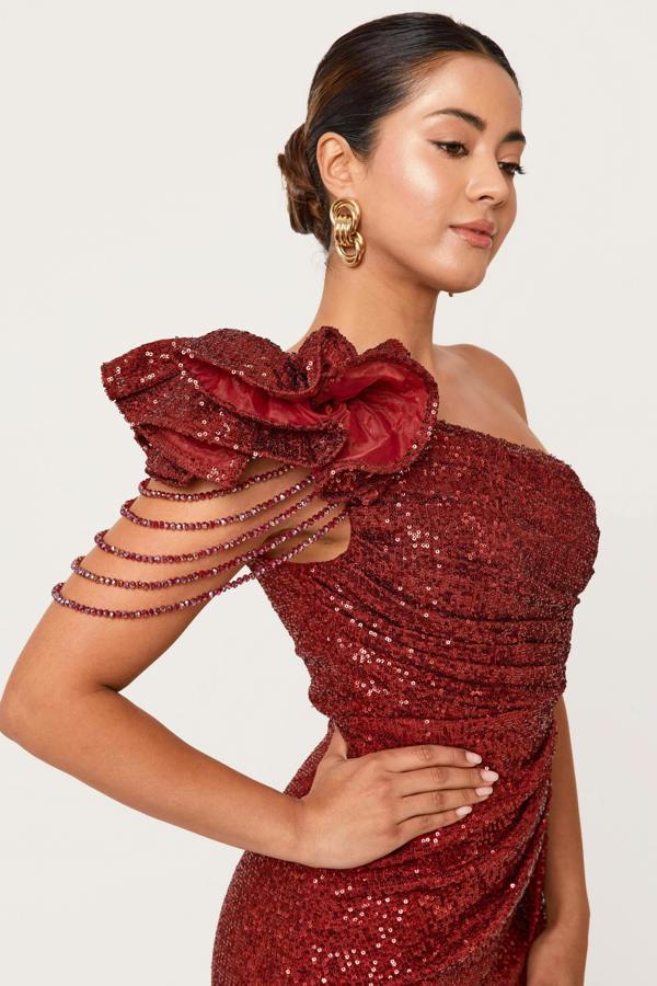 LuvForever Nyla - Wine One Shoulder Sequin Maxi Dress