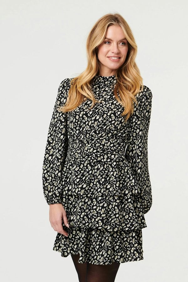 Black | Animal Print High Neck Short Dress
