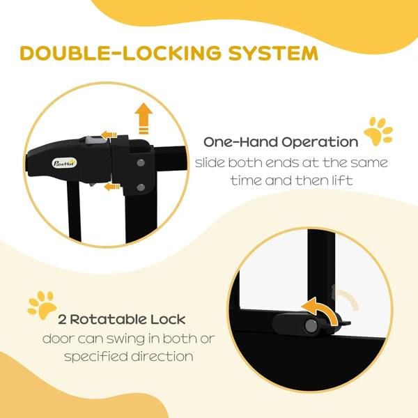 Black pet gate diagram showing latch and one-hand operation mechanism on the door ends
