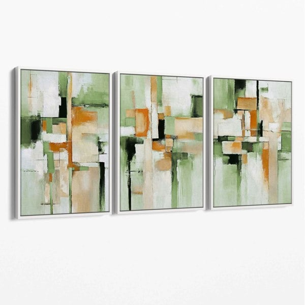 Artze Wall Art Abstract Sage Green and Orange Set of 3 Canvas Wall Art