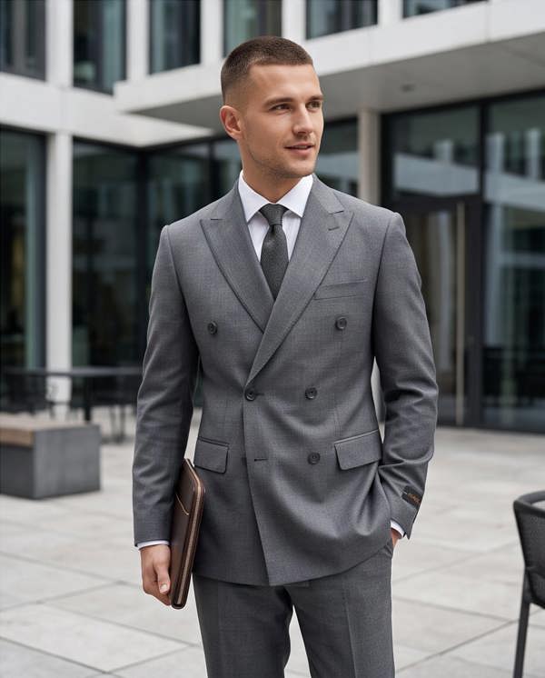 A man wearing a double-breasted gray suit, white dress shirt, and dark gray tie, standing outdoors in front of a modern glass building and holding a brown folder.