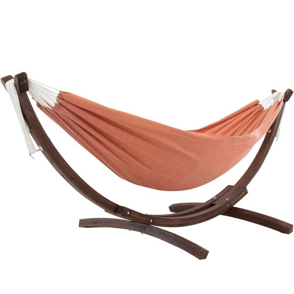 Vivere Double Sunbrella Hammock with Solid Pine Arc Stand - Coral