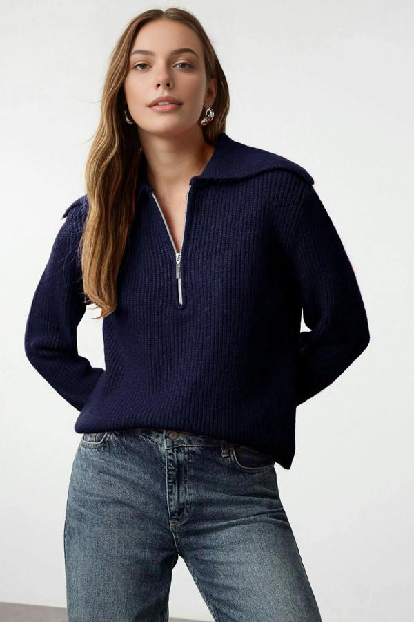 WOVCOR Oversize Polo Collar Knit Sweater with  Zipper Detail
