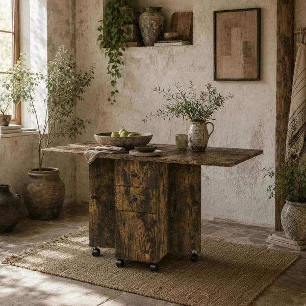 Wyld Haus Lasado Wooden Rustic Brown Drop Leaf Dining Table With Storage Seating 6