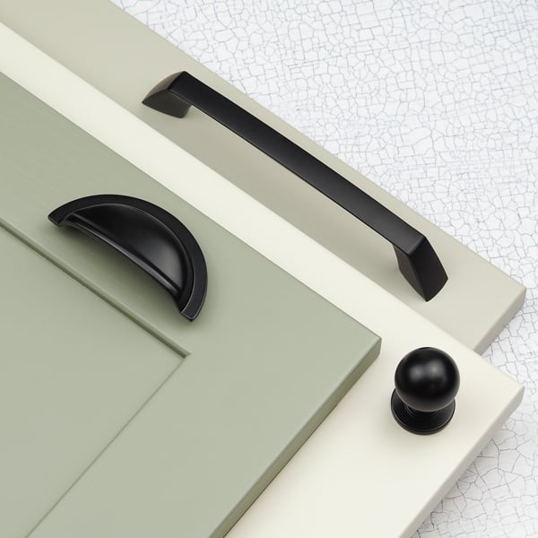 Handle & Home Matt Black Coordinating Tapered Handle, Cup Handle, and Coordinating Knob