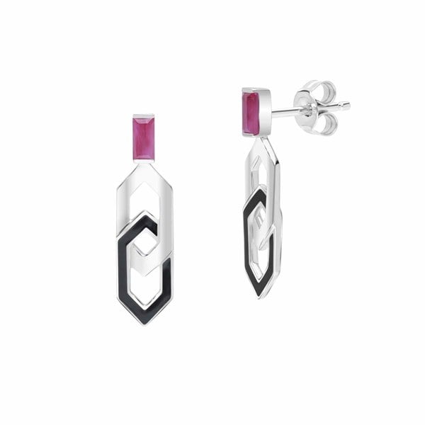 162E0290019 Grand Deco Enamel & Ruby Link Drop Earrings in 9ct White Gold 1