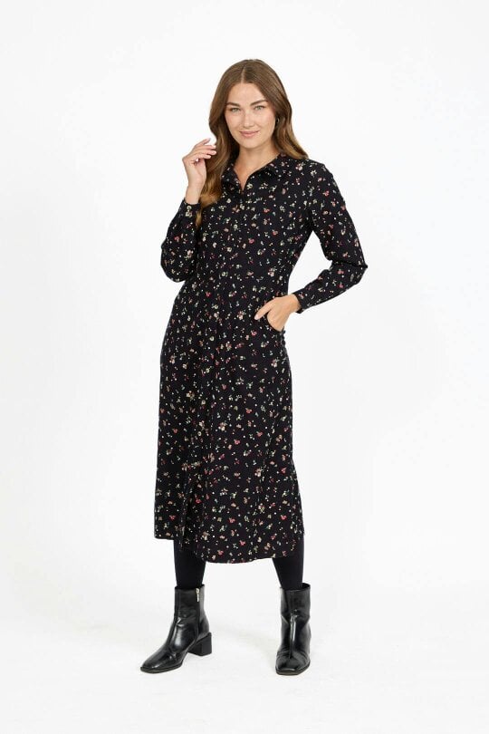 Mudflower Floral Print Corduroy Collared Full Sleeve Dress