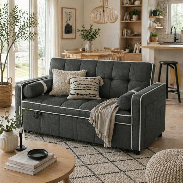 Wyld Haus Tapa Linen Effect Dark Grey Upholstered 2 Seater Sofa Bed White Trim