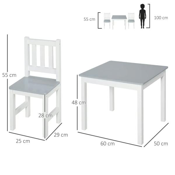 Kids table and chair set with grey tabletop and seats, white slatted chairs