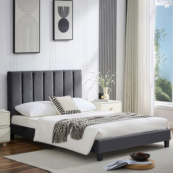 Furniture One Double Bed Frame, Upholstered Platform Bed Frame with Adjustable Headboard, Solid Wood Slats, Max Load 320KS