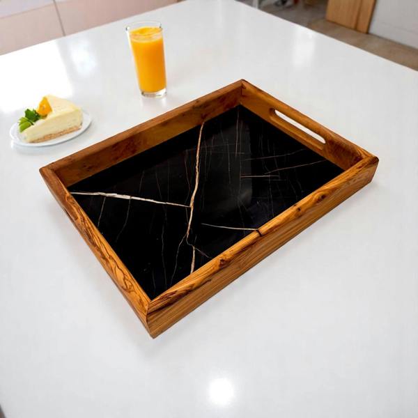 Olive Wood & Ceramic Serving Tray with Handles