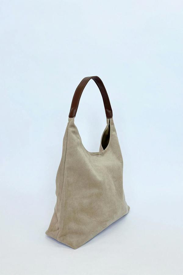 Suede Hobo Shoulder Bag in Beige - svnx
