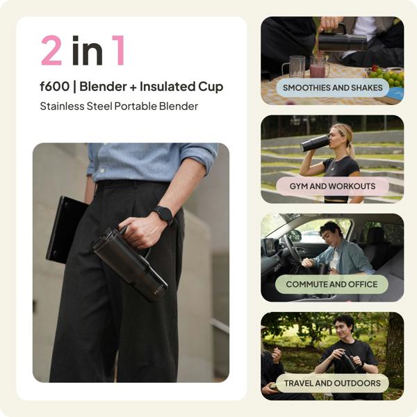 A person holds the Fridja f600 Stainless Steel Portable Blender in black, an insulated 2-in-1 ice crushing blender and cup. On the right, smaller images display its versatile use for smoothies, workouts, commuting, and travel.