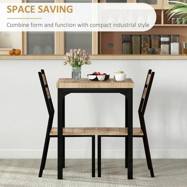 Compact dining table with two ladder-back chairs, light wood and black frames