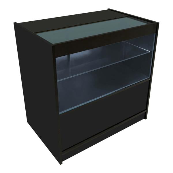 Theia LED Shop Counter Set in sleek black, featuring a glass top, illuminated shelves, and a modern design for retail displays