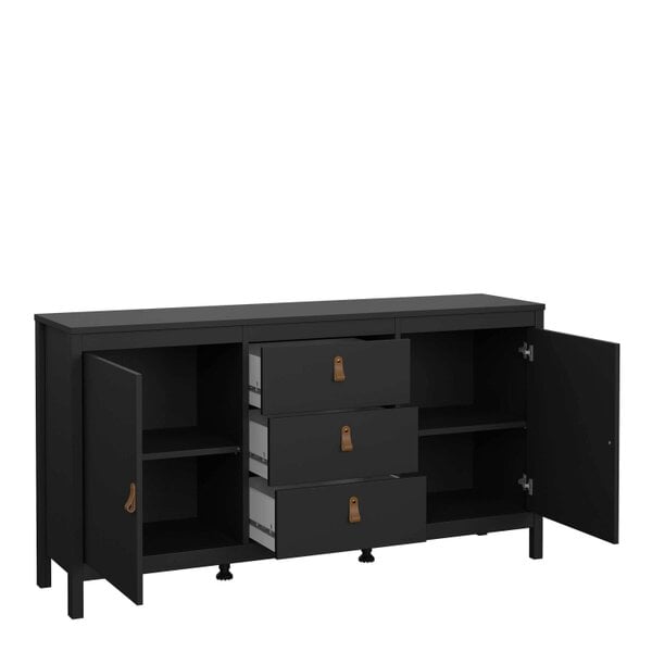 Wyld Haus Wildberry Matt Black Wooden Sideboard 2 Doors 3 Drawers Leather Handles