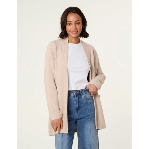 Blue Vanilla Fluffy Fleece Open Midi Cardigan - Beige