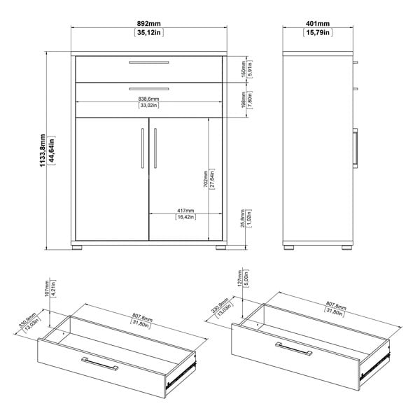 Furniture To Go Prima Bookcase 1 Shelf With 2 Drawers 2 Doors In White