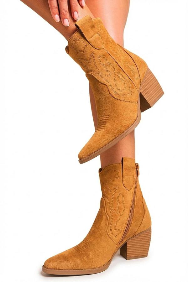 Laura Suede Cowboy Ankle Length Boots - Camel_wb